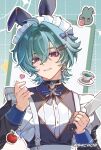  1boy ahoge animal_ears apple apron bii_(biichon) black_dress blue_bow blue_bowtie bow bowtie commentary crossdressing crossdressing_(mtf) cup dress enmaided fake_animal_ears finger_heart food fruit genshin_impact gold_trim green_background green_hair grid_background grin hair_intakes holding holding_knife knife lohen_(genshin_impact) long_sleeves looking_at_viewer maid maid_headdress male_focus mole mole_under_eye outline pink_eyes rabbit_ears saucer short_hair smile solo star_(symbol) striped_bow striped_bowtie striped_clothes teacup twitter_username untranslatable_commentary white_apron yellow_bow yellow_bowtie 