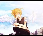  angel blonde_hair blue_eyes feather kagamine_len mukkun sky vocaloid wings 