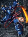  artist_request building cable crack crater energy_sword gundam gundam_f90 gundam_f91_formula_report_0122 gundam_perfect_file highres mecha mecha_focus mobile_suit neo_zeon no_humans official_art one-eyed_mecha radio_antenna red_eyes rf_gouf robot ruins science_fiction shoulder_spikes solo spikes sword weapon 