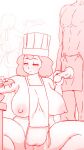  1boy 2girls apron artisan_(eclaire_of_the_day) ass bare_back bored breasts chef_hat commentary completely_nude eclaire_of_the_day emotionless_sex english_commentary erection flat_top_chef_hat handjob hat highres holding holding_spatula huge_breasts huge_nipples large_areolae mike_inel multiple_girls muscular muscular_male naked_apron nipples nude original pectorals penis prep_(eclaire_of_the_day) sideboob spatula squatting thighs uncensored undersized_clothes white_apron 