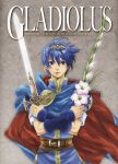  1boy azusa_(12eeeeco) blue_eyes commentary_request cover cover_page doujin_cover english_text fire_emblem fire_emblem:_mystery_of_the_emblem flower gladiolus holding holding_flower holding_sword holding_weapon lips looking_at_viewer male_focus marth_(fire_emblem) short_hair solo sword tiara weapon 