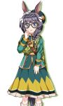  1girl animal_ears belt black-framed_eyewear black_hair blue_eyes blush braid breasts brown_belt commentary_request crown_braid ear_ornament glasses green_jacket green_skirt guncerlevin hat highres horse_ears horse_girl horse_tail jacket long_hair long_sleeves looking_at_viewer parted_lips shirt skirt smile socks solo tail umamusume white_socks zenno_rob_roy_(heroic_author)_(umamusume) zenno_rob_roy_(umamusume) 