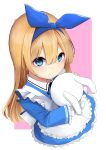  1girl absurdres apron back_bow blonde_hair blue_eyes blue_hairband blush bow bow_hairband center-flap_bangs character_request commentary_request commission copyright_request cropped_legs double-parted_bangs dress frilled_sleeves frills hair_between_eyes hairband highres large_bow long_hair long_sleeves looking_at_viewer maid_apron minato_yu outside_border parted_lips pink_background short_dress sidelocks simple_background skeb_commission solo stuffed_animal stuffed_rabbit stuffed_toy wet wet_clothes wet_dress white_apron 