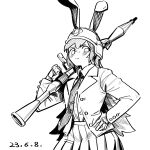  1girl animal_ears blush chenwei_jun chinese_commentary collared_shirt commentary_request cowboy_shot dated frown gloves greyscale hand_on_own_hip highres holding holding_rocket_launcher holding_weapon jacket long_hair monochrome necktie open_clothes open_jacket pleated_skirt rabbit_ears rabbit_girl reisen_udongein_inaba rocket_launcher rpg-7 rpg_(weapon) shirt sideways_glance sketch skirt solo touhou weapon white_background 