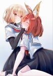  2girls animal_ear_fluff animal_ears black_skirt brown_eyes brown_hair closed_eyes closed_mouth commentary_request fox_ears highres kemonomimi_mode kneeling kpnnbcgg7x95007 layered_sleeves long_sleeves multiple_girls parted_lips pleated_skirt red_hair revision sailor_collar school_uniform serafuku shirt short_over_long_sleeves short_sleeves simple_background skirt two_side_up undershirt watashi_wo_tabetai_hitodenashi white_background white_sailor_collar white_shirt yaotose_hinako yashiro_miko yuri 