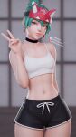  1girl 3d absurdres arm_behind_back black_choker black_shorts boosty_username brown_eyes choker collarbone crop_top dolphin_shorts earrings green_hair hat highres jewelry kiriko_(overwatch) legs lyashu midriff navel overwatch patreon_username self-upload shorts solo tank_top telegram_username v white_tank_top white_trim 