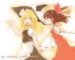  2girls :d ahoge apron ascot bare_shoulders black_hair black_skirt black_vest blonde_hair bow braid brown_eyes brown_hair chest_sarashi commentary_request cowboy_shot detached_sleeves english_text eye_contact floating_hair frilled_apron frilled_bow frilled_hair_tubes frills from_side fujiymn hair_bow hair_tubes hakurei_reimu half_updo hand_up hat hat_bow holding_hands kirisame_marisa long_hair long_sleeves looking_at_another looking_back multiple_girls open_mouth pointing profile puffy_short_sleeves puffy_sleeves red_bow red_skirt red_vest ribbon-trimmed_sleeves ribbon_trim round_teeth sarashi short_sleeves side_braid skirt skirt_set smile teeth touhou upper_teeth_only vest waist_apron walking white_apron white_bow white_sleeves wide_sleeves witch_hat yellow_ascot yuri 