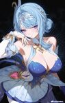  1girl alternate_breast_size_(larger) bare_shoulders blue_dress blue_hair blue_nails breasts closed_mouth commentary_request cowboy_shot dress fingernails genshin_impact hair_intakes hair_ornament hand_up helloimtea highres large_breasts long_fingernails long_hair looking_at_viewer multicolored_hair nail_polish odette_(genshin_impact) paid_reward_available purple_eyes solo streaked_hair twitter_username 