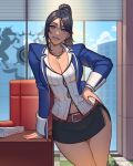  1girl absurdres black_hair black_skirt blue_eyes blue_jacket breasts building chair cleavage collarbone commentary desk earrings english_commentary eyelashes fire_emblem hand_on_own_hip hand_on_table heart heart_earrings highres indoors jacket jewelry large_breasts long_hair long_sleeves looking_at_viewer miniskirt mole mole_under_eye navel necklace open_clothes open_jacket open_mouth partially_unbuttoned ponytail ravenousruss shimazaki_maiko shirt side_slit skirt smile solo tokyo_mirage_sessions_fe white_shirt 