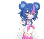  1girl absurdres alternate_costume animal_ears bear_ears bear_girl black_choker blue_eyes blue_hair choker closed_mouth commentary crop_top cropped_shirt english_commentary frown fujikura_uruka hair_between_eyes highres long_sleeves looking_at_viewer medium_hair midriff multicolored_hair navel neckerchief notched_ear official_alternate_hairstyle phase_connect pink_neckerchief pink_skirt pink_streaks pleated_skirt sailor_collar sailor_shirt shirt short_eyebrows sidelocks simple_background skirt solo steeeph streaked_hair upper_body virtual_youtuber white_background white_sailor_collar white_shirt wolf_cut 