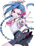  1girl absurdres alternate_costume aqua_nails arcane:_league_of_legends arm_up bike_shorts blue_hair blue_skirt blush bow bowtie bracelet braid braided_twintails breasts collared_shirt commentary curtained_hair dixretsa earrings english_commentary eyelashes eyeshadow facial_mark fingernails flower gyaru hair_flower hair_ornament hairclip heart highres jewelry jinx_(league) league_of_legends long_fingernails long_hair looking_at_viewer loose_bowtie makeup multiple_rings necklace outstretched_arm parted_lips pink_bow pink_bowtie pink_eyeshadow pink_nails pleated_skirt ring shirt shirt_tucked_in simple_background skirt small_breasts solo teeth v very_long_hair white_background white_shirt 