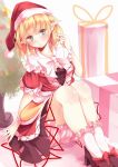  1girl :o black_shoes black_skirt blonde_hair bloomers blush bow bowtie box christmas_tree commentary_request footwear_bow frilled_socks frills full_body gift gift_box green_eyes hat highres kanzakietc looking_at_viewer mizuhashi_parsee one-hour_drawing_challenge pointing pointing_at_self pointy_ears red_bow red_hat red_shirt santa_hat shirt shoes short_hair short_sleeves sitting skirt socks solo touhou white_bloomers white_bow white_bowtie white_socks 