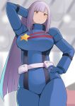  1girl aeug arm_behind_head blue_bodysuit blunt_bangs bodysuit breasts commentary_request gundam gundam_zz hand_on_own_hip highres konishiki_(52siki) long_hair looking_at_viewer looking_down mecha_pilot_suit normal_suit_(gundam) parted_lips purple_hair red_eyes roux_louka science_fiction star_(symbol) star_print very_long_hair 