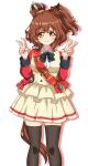  1girl animal_ears aston_machan_(flare)_(umamusume) aston_machan_(umamusume) black_bow black_bowtie black_thighhighs blush bow bowtie breasts brown_hair closed_mouth collared_shirt commentary_request crown double_v green_eyes guncerlevin hair_ornament hair_scrunchie highres horse_ears horse_girl horse_tail jacket long_sleeves looking_at_viewer mini_crown red_nails red_sash red_scrunchie red_sleeves sash scrunchie shirt shoulder_sash skirt smile solo tail thighhighs tilted_headwear umamusume v white_jacket white_shirt white_skirt 