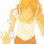  1boy absurdres arm_support brown_hair chibi closed_eyes closed_mouth collarbone hanamura_yousuke headphones highres male_focus narukami_yu persona persona_4 quansiwang short_hair simple_background sitting skinny solo white_background 