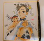  1boy 1girl alternate_costume animal_ears animal_print art_tools_in_frame bell bikini bikini_top_only black_collar breasts brown_eyes brown_hair bun_cover calligraphy character_doll chibi chibi_inset chinese_zodiac chun-li cleavage collar commentary_request cow_ears cow_girl cow_horns cow_print cow_print_bikini cowbell doll double_bun ear_tag earrings elbow_gloves fake_animal_ears fingerless_gloves front-tie_bikini_top front-tie_top gloves hair_bun headband heart heart_hands horns huge_breasts jewelry large_breasts looking_at_viewer marker_(medium) mini_person miniboy misodiru print_bikini ryu_(street_fighter) short_hair solo_focus street_fighter stuffed_toy swimsuit traditional_media underboob upper_body white_bikini white_gloves year_of_the_ox 