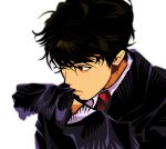  1boy arm_up black_gloves black_hair black_jacket brown_eyes commentary glove_in_mouth gloves hmmnam11 jacket layered_sleeves long_sleeves looking_to_the_side male_focus mouth_hold necktie original parted_lips red_necktie shirt short_hair short_sideburns sideburns sideways_glance simple_background suit_jacket upper_body white_background white_shirt 