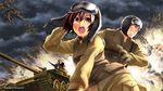  2boys artist_request battle caterpillar_tracks cloud explosion flying goggles goggles_on_head ground_vehicle gun helmet highres mecha military military_uniform military_vehicle motor_vehicle multiple_boys muvluv science_fiction t-62 tank uniform weapon 