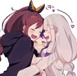  3girls :d :t @_@ ^_^ aisu_918 between_breasts black_cape blush braid breast_press breast_smother breasts brown_hair cape closed_eyes commentary_request crown_braid elf emilia_(re:zero) face_to_breasts flower girl_sandwich green_eyes group_hug hair_flower hair_ornament hair_ribbon head_between_breasts heart highres hood hood_down hooded_cape hug long_hair low-tied_long_hair medium_breasts meili_portroute multiple_girls open_mouth pointy_ears ponytail pout purple_hair re:zero_kara_hajimeru_isekai_seikatsu ribbon sandwiched shaula_(re:zero) simple_background smile upper_body white_background white_hair x_hair_ornament yuri 