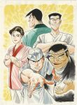  1990s_(style) 1girl 4boys apron black_eyes black_hair black_shirt brown_eyes brown_hair clenched_teeth closed_mouth cook crossed_arms earrings fat fat_man flattop frown green_shirt grin hachimaki hand_on_own_arm hat headband highres japanese_clothes jewelry kanouzaki_seijirou katou_izou kimono kuzuha_hoshina lipstick looking_at_viewer makeup multiple_boys official_art open_mouth outstretched_arm painting_(medium) pants pink_kimono reaching reaching_towards_viewer red_lips retro_artstyle sekiguchi_shouta shirt short_hair short_kimono short_sleeves shouta_no_sushi smile standing stud_earrings takechi_hanpei teeth terasawa_daisuke third-party_source traditional_media waist_apron white_apron white_hat white_pants white_shirt 