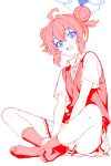  1girl :d ahoge alternate_costume blue_archive blue_eyes blue_halo blush commentary crossed_ankles crossed_legs double_bun full_body hair_bun halo highres indian_style kazu_sasuki looking_at_viewer maki_(blue_archive) miniskirt monochrome necktie no_shoes open_mouth red_theme shirt sidelocks simple_background sitting skirt smile socks soles solo spot_color vest white_background 