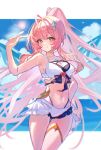  1girl aemeath_(wuthering_waves) ahoge alternate_costume bare_shoulders bikini blue_sky breasts closed_mouth commentary_request day hair_intakes hair_ornament hand_up highres kanjian_wo_de_jiangyoule_ma large_breasts long_hair looking_at_viewer navel ocean orange_eyes outdoors pink_hair ponytail sky smile solo stomach swimsuit thigh_gap v white_bikini wuthering_waves 