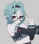  1girl absurdres bare_shoulders black-framed_eyewear black_hairband black_shirt breasts closed_mouth commentary detached_sleeves english_commentary glasses green_hair grey_background hair_between_eyes hair_ornament hairband hairclip han_fridge highres looking_at_viewer pointy_ears red_eyes roxy_ifrita_pryce shirt simple_background small_breasts solo unfinished upper_body zenless_zone_zero 