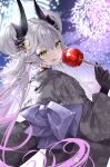  1girl absurdres akatsuki_hijiri black_hands candy_apple choker colored_extremities commentary_request crossed_bangs demon_girl demon_horns fate/grand_order fate_(series) food green_eyes grey_hair grey_kimono highres holding holding_candy_apple holding_food horns japanese_clothes kimono lilith_(fate) long_sleeves pointy_ears sash solo twintails wide_sleeves 