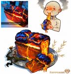  1other absurdres artist_name bread burnt_food commentary eating english_commentary food highres lava photo-referenced plate rappenem real_life reference_inset simple_background smoke_from_ears vegetable white_background 