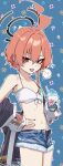  1girl absurdres ahoge bikini black_halo black_nails blue_archive braid breasts commentary_request cowboy_shot denim denim_shorts food halo highres huge_ahoge jacket mole mole_under_eye navel neru_(blue_archive) open_clothes open_fly open_shorts orange_hair red_eyes shaved_ice short_shorts shorts single_braid small_breasts solo speech_bubble stomach sukajan swimsuit tag tarasoisoos tongue tongue_out white_bikini 