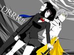  2boys black_hair blonde_hair blue_eyes bob_cut breasts durarara!! dutch_angle glasses hood hoodie kida_masaomi large_breasts loup-garou multiple_boys necktie pen pleated_skirt red_eyes ryuugamine_mikado scarf school_uniform short_hair skirt sonohara_anri sword weapon yellow_eyes 