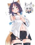 2girls :3 absurdres animal_ear_fluff animal_ears black_hair black_shorts black_thighhighs breasts cho_kaguya-hime! commentary_request cosplay costume_switch cowboy_shot fox_ears fox_girl fox_tail green_eyes highres hololive hood hoodie long_hair medium_breasts multiple_girls open_mouth sakayori_iroha sakayori_iroha_(cosplay) shirakami_fubuki shirakami_fubuki_(1st_costume) shirakami_fubuki_(cosplay) shorts simple_background tail tensann3 thighhighs virtual_youtuber white_background white_hair 