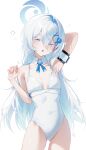  1girl absurdres arm_strap armpits blue_archive blue_eyes blue_halo blue_ribbon blush breasts claw_pose colored_eyelashes commentary cowboy_shot detached_collar dolphin_hair_ornament green_eyes hair_between_eyes hair_ornament halo highres limi_(li_mi_0) long_hair long_single_sidelock looking_at_viewer multicolored_eyes one-piece_swimsuit open_mouth orca_hair_ornament ribbon sayuri_(blue_archive) small_breasts solo squeans swimsuit untranslatable_commentary white_eyelashes white_hair white_one-piece_swimsuit x_hair_ornament 