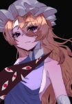  1girl adapted_costume armpits bare_shoulders black_background blonde_hair blush breasts collarbone commentary dress elbow_gloves gap_(touhou) gloves hair_between_eyes hat light_smile long_hair looking_at_viewer medium_breasts mob_cap purple_eyes red_eyes samma1085 sideboob sleeveless sleeveless_dress solo touhou untranslatable_commentary upper_body white_gloves yakumo_yukari 