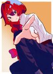  1girl alternate_costume belt black_pants braid closed_mouth commentary gradient_background hair_between_eyes hair_ribbon highres long_hair okazaki_yumemi outstretched_arm pants reaching reaching_towards_viewer red_eyes red_hair red_ribbon ribbon samma1085 shirt smile solo touhou touhou_(pc-98) white_shirt 