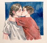  2boys azumane_asahi black_hair blue_background closed_eyes commentary_request cropped_shirt ee_(ekk1mukk) facial_hair french_kiss from_side goatee_stubble haikyuu!! hair_bun kiss male_focus multiple_boys nishinoya_yuu red_shirt shirt short_hair stubble t-shirt white_shirt yaoi 