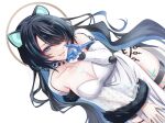  1girl absurdres animal_ears black_hair blue_eyes blue_hair body_markings breasts cleavage collarbone colored_inner_animal_ears colored_inner_hair commentary_request cyborg detached_sleeves dress erina_makina fur-trimmed_sleeves fur_trim glowing_markings hair_over_one_eye halo halo_behind_head hand_on_own_face highres large_breasts long_hair looking_at_viewer maximum_pamyu mechanical_arms multicolored_hair parted_bangs pelvic_curtain phase_connect prosthesis prosthetic_arm see-through_cleavage see-through_clothes see-through_sleeves simple_background single_detached_sleeve single_mechanical_arm solo streaked_hair textless_version thigh_strap tiger_ears tiger_girl traditional_halo variant_set virtual_youtuber white_background white_dress 