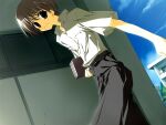  1boy 2000s_(style) belt black_pants blue_sky book collared_shirt day game_asset holding holding_book kagome_(traumatize) looking_to_the_side mamiya_takuji non-web_source official_art outdoors pants raised_inner_eyebrows self-datamine shirt short_sleeves sky standing subarashiki_hibi visual_novel_cg walking wavy_mouth white_shirt 