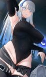  1girl arm_behind_head arm_up armpits belt black_belt black_sleeves black_thighhighs blue_eyes blue_hair breasts clothes_pull commentary covered_nipples detached_sleeves fairy_(zenless_zone_zero) highres huge_breasts joosi leotard long_hair personification shorts shorts_pull sideboob thighhighs white_hair zenless_zone_zero 
