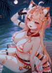  1girl animal_ears belt bikini black_gloves black_nails blonde_hair braid breasts cat_ears cleavage ebiko_(vtuber) fingerless_gloves full_moon gloves halterneck highres indie_virtual_youtuber large_breasts long_hair looking_at_viewer loose_belt moon multicolored_hair night open_mouth orange_bikini orange_eyes orange_streaks outdoors palm_tree pinji8166 pubic_tattoo razor_blade_hair_ornament ripples shrimp_girl shrimp_hair_ornament shrimp_tail sitting solo streaked_hair string_bikini striped_bikini striped_clothes swimsuit tail tattoo thighs tree triangle_bikini_top virtual_youtuber water 