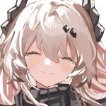  1girl absurdres arknights black_sweater closed_eyes commentary_request crying demon_girl demon_horns facing_viewer grey_hair hair_between_eyes hair_ornament happy_tears highres horns long_hair portrait simple_background smile solo split_mouth sweater taiiiyakiii tears theresa_(arknights) wavy_mouth white_background 