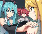  3girls ahoge akakichi_no_eleven akakichi_no_eleven_redraws akita_neru aqua_eyes aqua_eyeshadow aqua_hair aqua_nails aqua_necktie bare_shoulders black_sleeves bright_pupils buttons closed_mouth collared_shirt commentary detached_sleeves digiral double-breasted drill_hair earpiece english_commentary eyeshadow grey_shirt hair_between_eyes hair_ribbon hatsune_miku hatsune_miku_(vocaloid6) highres kasane_teto kasane_teto_(sv) long_hair makeup multiple_girls necktie red_eyes red_hair red_trim ribbon shirt sleeveless sleeveless_shirt smile split_mouth synthesizer_v triple_baka_(group) twin_drills twintails twitter_username upper_body utau vocaloid white_pupils white_ribbon wide_sleeves 
