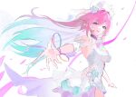  1girl 79nusr aqua_hair breasts bridal_veil cyrene_(demiurge)_(honkai:_star_rail) cyrene_(honkai:_star_rail) diamond-shaped_pupils diamond_(shape) dress falling_petals flower hair_flower hair_ornament halo highres honkai:_star_rail honkai_(series) large_breasts long_hair looking_at_viewer multicolored_hair outstretched_arm petals pink_hair pointy_ears purple_eyes reaching reaching_towards_viewer simple_background smile solo symbol-shaped_pupils veil very_long_hair white_background white_dress white_hair 