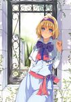  against_wall alice_margatroid blonde_hair blue_eyes buttons capelet face hairband hakui_ami hands short_hair solo standing touhou tree window 