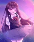  1girl absurdres black_hair black_sweater_vest closed_eyes collared_shirt cowboy_shot dress fallen_shadow hair_behind_ear highres long_hair mari_(headspace)_(omori) mari_(omori) omori open_mouth purple_sweater_vest shirt short_sleeves simple_background smile sweater_vest white_shirt 