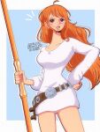  1girl belt belt_buckle blossom_uto blue_background border breasts brown_eyes buckle clima-tact collarbone commentary cowboy_shot dress earrings english_commentary eyelashes hand_on_own_hip highres holding holding_staff jewelry long_hair long_sleeves medium_breasts nami_(one_piece) notice_lines official_alternate_costume one_piece open_mouth orange_hair outside_border pearl_earrings sidelocks solo staff thighs twitter_username wavy_hair white_border white_dress 