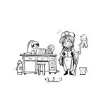  1girl blush boots bucket calendar_(object) chenwei_jun chibi chibi_only chinese_commentary commentary_request cup dated desk desk_lamp greyscale hat hat_ornament highres holding holding_mop hong_meiling izayoi_sakuya lamp long_hair monochrome mop notice_lines pants picture_frame shirt sketch skirt smile solo star_(symbol) star_hat_ornament stool thermos touhou white_background 