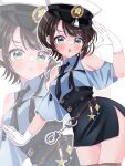  1girl absurdres belt black_skirt blue_eyes blue_shirt blush brown_belt brown_hair commentary_request cuffs gloves handcuffs hat highres hololive looking_at_viewer official_alternate_costume oozora_subaru oozora_subaru_(police) open_mouth police police_uniform policewoman shirt skirt solo user_nkum4425 virtual_youtuber white_gloves white_hat zoom_layer 