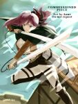  1girl artist_name asiya_illusts belt black_capelet blue_pupils blurry blurry_background boots brown_belt brown_boots brown_jacket capelet commentary commission dual_wielding english_commentary fate/grand_order fate_(series) floating_hair highres holding holding_sword holding_weapon jacket medium_hair midair miyamoto_musashi_(fate) open_clothes open_jacket pants paradis_military_uniform purple_eyes red_hair shingeki_no_kyojin shirt solo sword twitter_username weapon white_pants white_shirt 