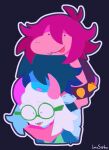  1boy 1girl 1other :p androgynous animal_ears animated animated_gif antenna_hair artist_name black_background black_eyes black_hair blue_skin bracelet closed_mouth colored_skin commentary deltarune furry furry_female furry_male glasses green-framed_eyewear hair_between_eyes highres horns imasiphy jewelry kris_(dark_world)_(deltarune) kris_(deltarune) long_hair no_eyes outline pink_scarf purple_hair purple_skin ralsei reptile_girl round_eyewear scarf short_hair simple_background smile spiked_bracelet spikes susie_(dark_world)_(deltarune) susie_(deltarune) tongue tongue_out utdr_(toby_fox) white_outline 